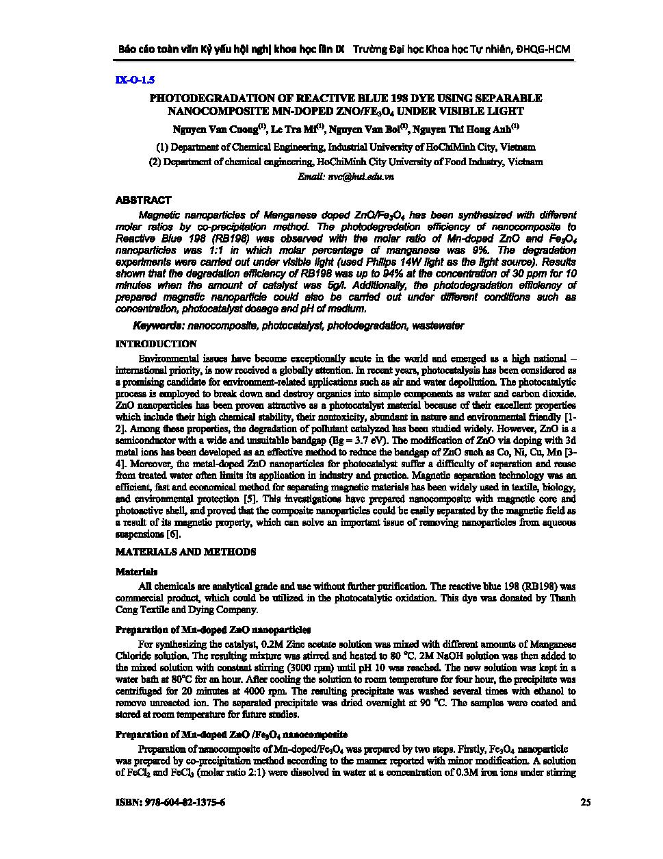 Photodegradation of reactive blue 198 dye using separable nanocomposite MN-Doped ZNO/FE3O4 under visible light