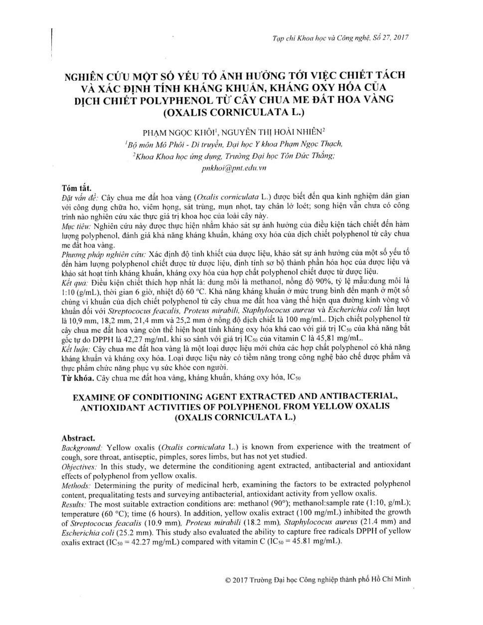 Nghiên cứu một số yếu tố ảnh hưởng tới việc chiết tách và xác định tính kháng khuẩn, kháng oxy hóa của dịch chiết polyphenol từ cây chua me đất hoa vàng (Oxalis Cornicula L.)