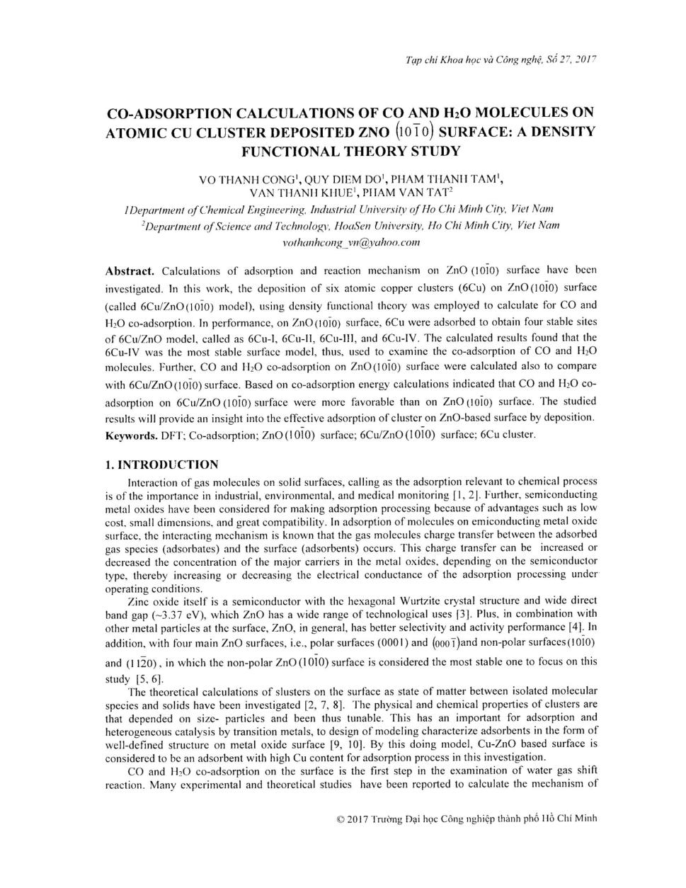 Co-Adsorption calculation of CO and H2O molecules on atomic CU cluster deposited ZnO (1010) surface: A density functional theory study