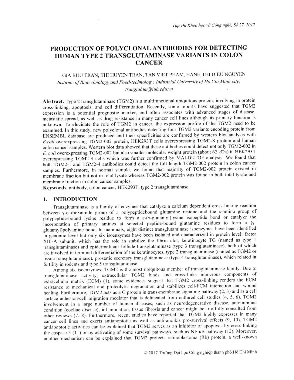 Production of polyclonal antibodies for detecting human type 2 transglutaminase variants in colon cancer