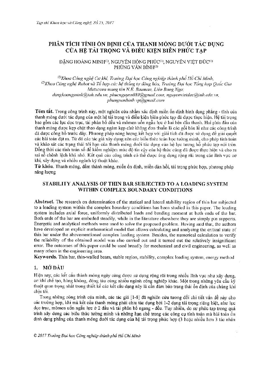 Phân tích tính ổn định của thanh mỏng dưới tác dụng của hệ tải trọng và điều kiện biên phức tạp