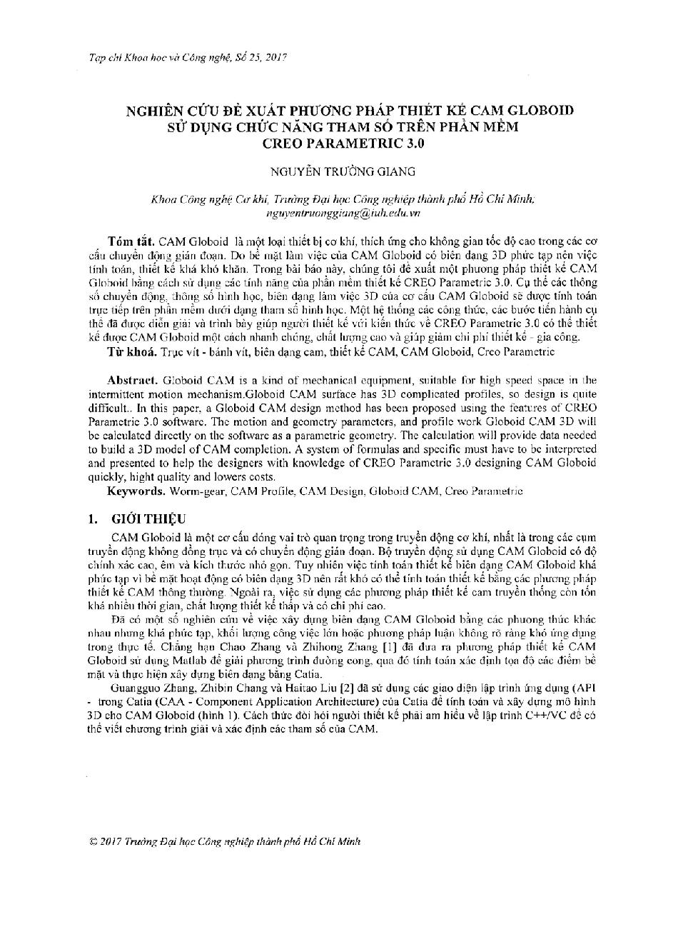 Nghiên cứu đề xuất phương pháp thiết kế CAM Globoid sử dụng chức năng tham số trên phần mềm creo parametric 3.0
