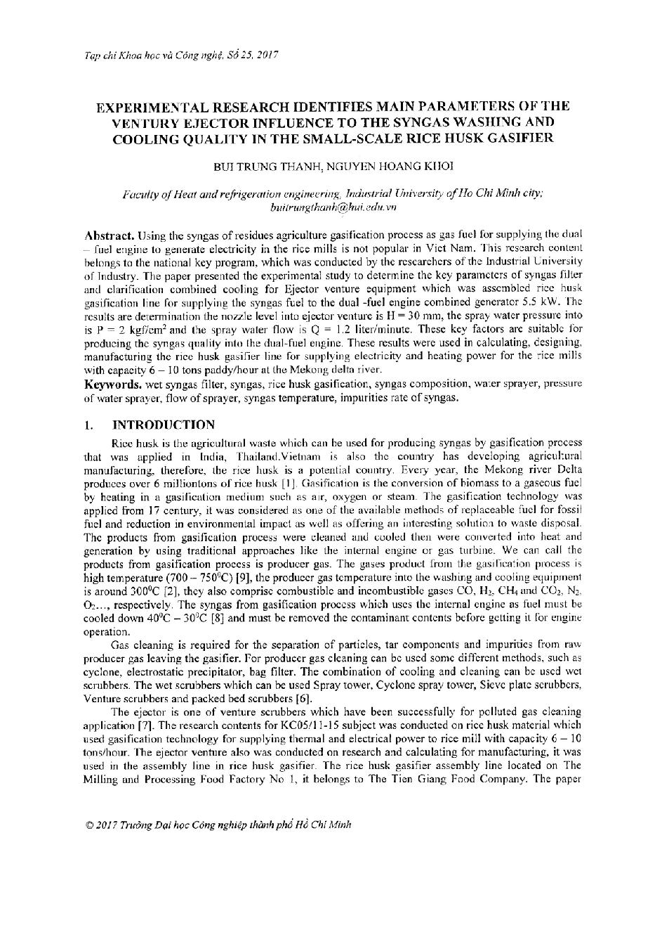 Experimental research identifies main parameters of the ventury ejector influence to the syngas washing and cooling quality in the small-scale rice husk gasifier