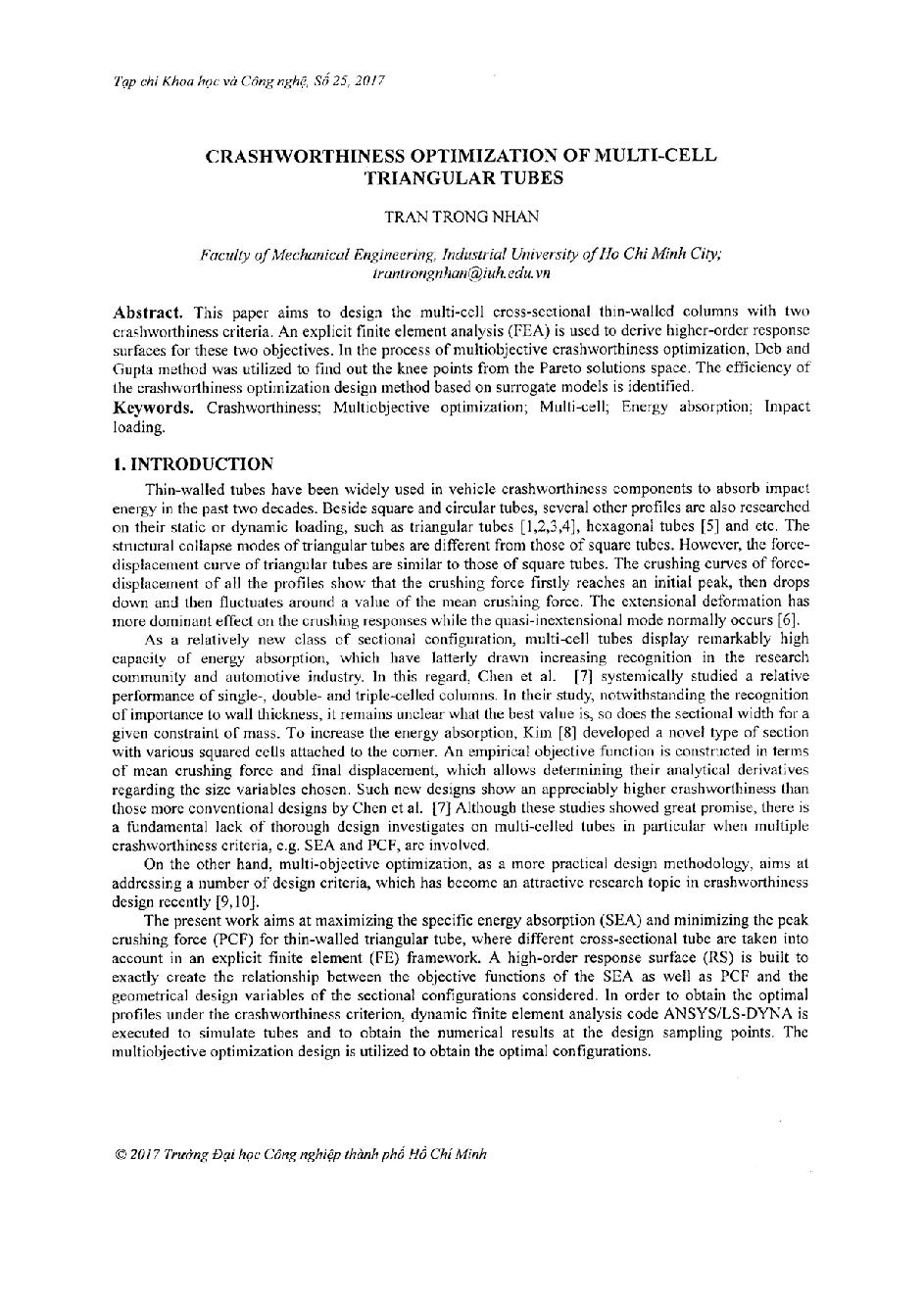 Crashworthiness optimization of multi-cell triangular tubes