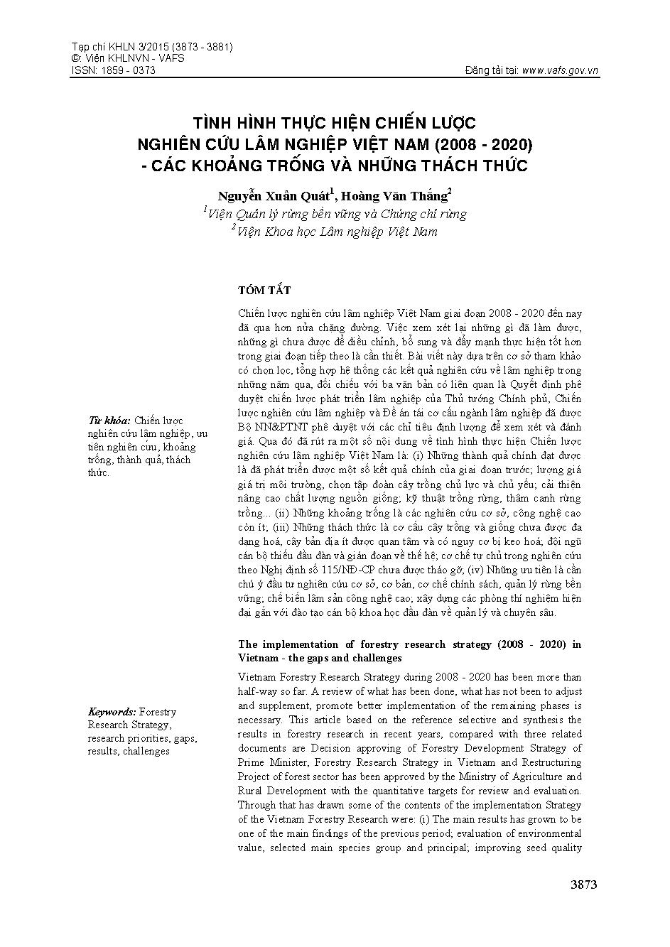 Tình hình thực hiện chiến lược nghiên cứu lâm nghiệp Việt Nam (2008 - 2020)các khoảng trống và thách thức