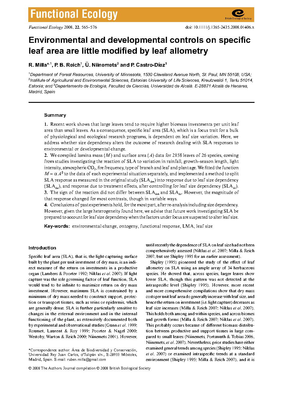 Emvironmental and developmental controls on specific leaf area are little modified by leaf allometry