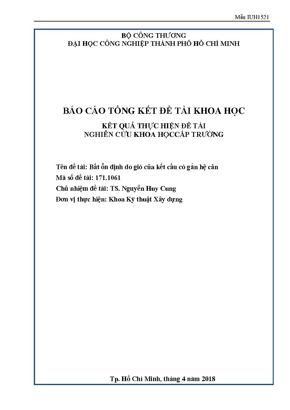 Bất ổn định do gió của kết cấu có gắn hệ cản: Báo cáo tổng kết đề tài nghiên cứu khoa học cấp Trường