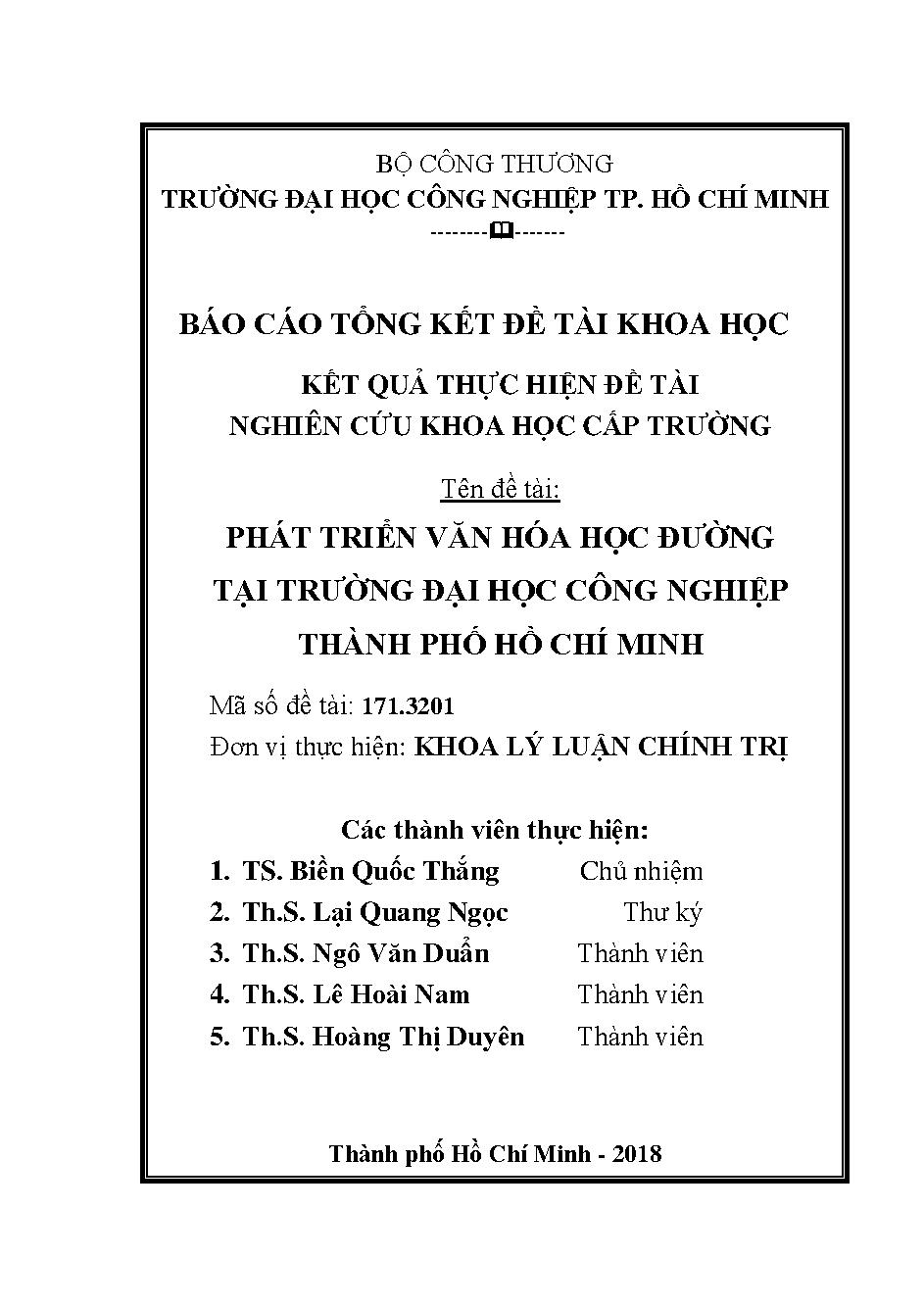 Phát triển văn hóa học đường tại Trường Đại học Công nghiệp TP. Hồ Chí Minh: Báo cáo tổng kết đề tài nghiên cứu khoa học cấp Trường