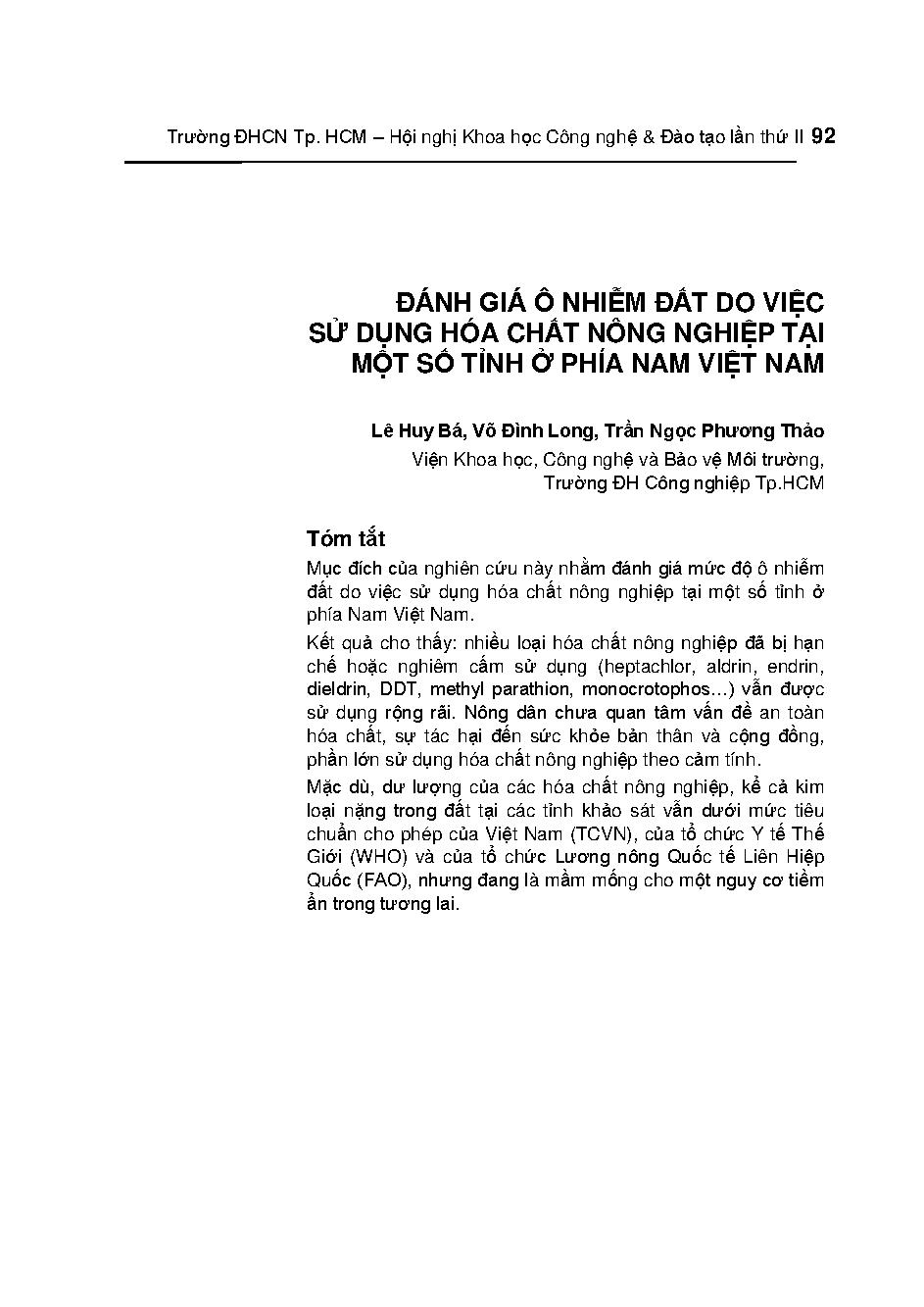 Đánh giá ô nhiễm đất do việc sử dụng hóa chất nông nghiệp tại một số tỉnh ở phía nam Việt Nam