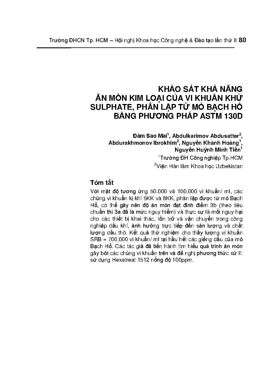 Khảo sát khả năng ăn mòn kim loại của vi khuẩn khử sulphate, phân lập từ mỏ Bạch Hổ bằng phương pháp ASTM 130D