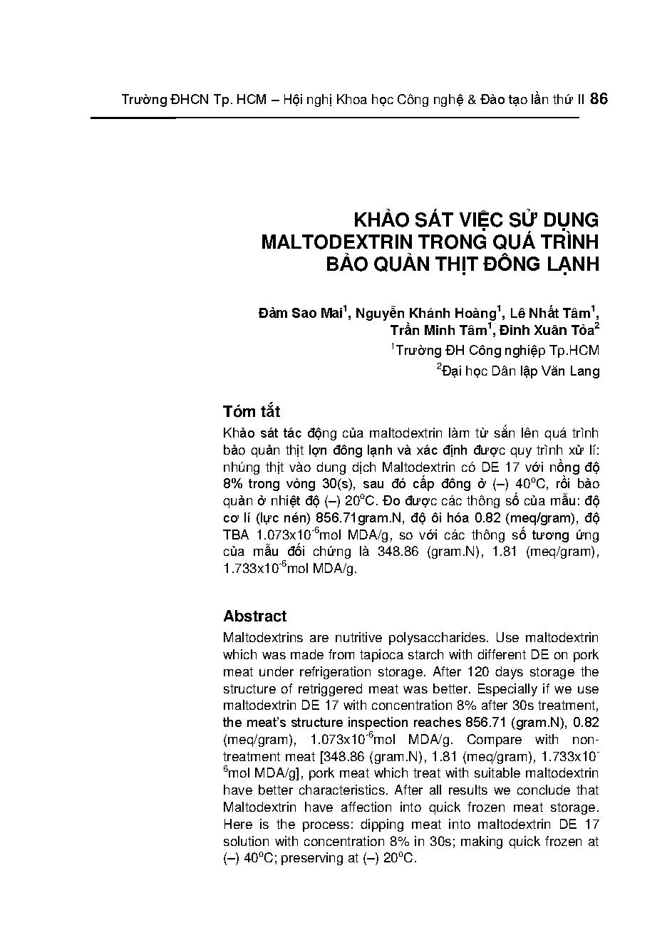 Khảo sát việc sử dụng maltodextrin trong quá trình bảo quản bảo quản thịt đông lạnh