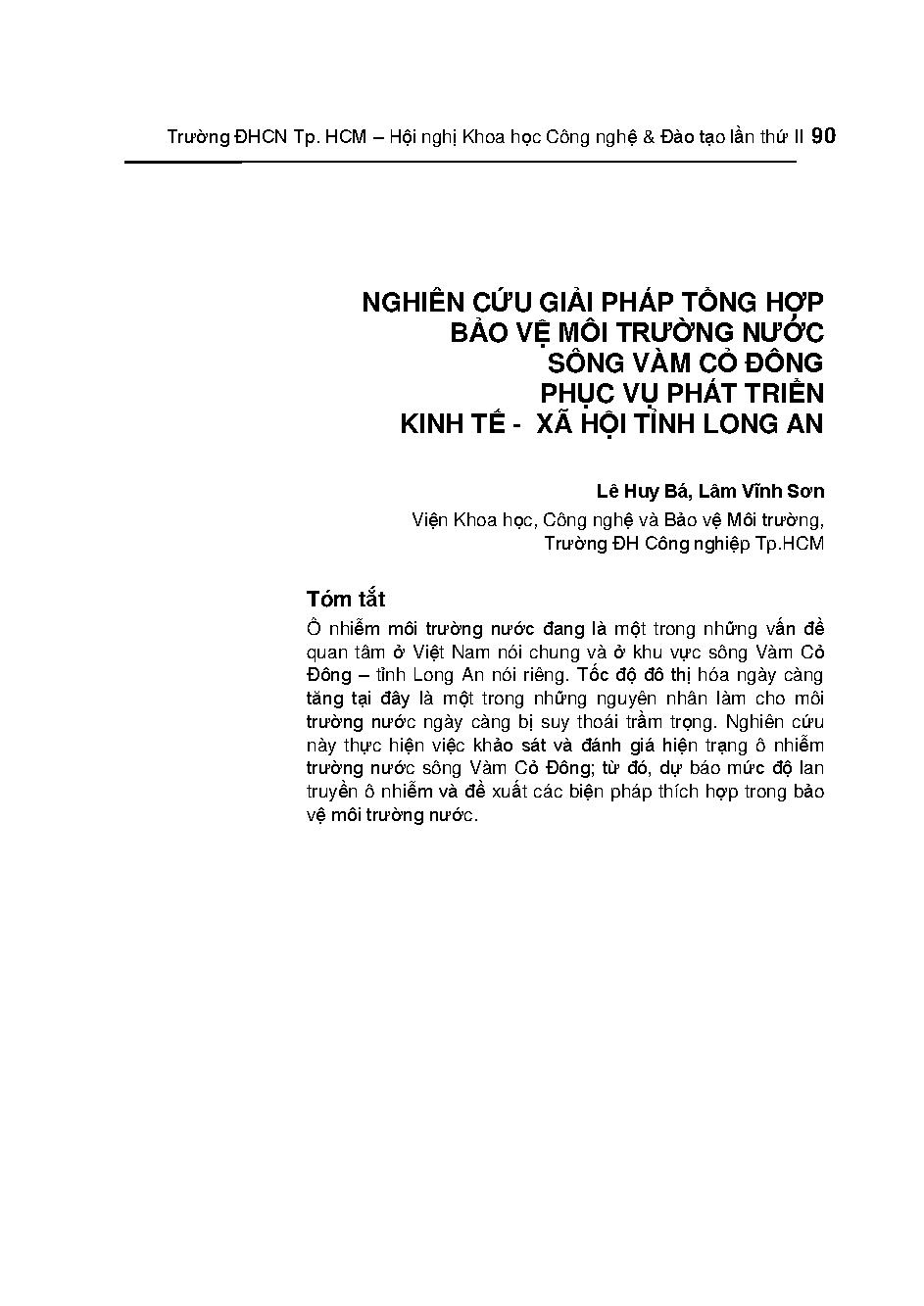 Nghiên cứu giải pháp tổng hợp bảo vệ môi trường nước sông vàm cỏ đông phục vụ phát triển kinh tế - xã hội tỉnh Long An