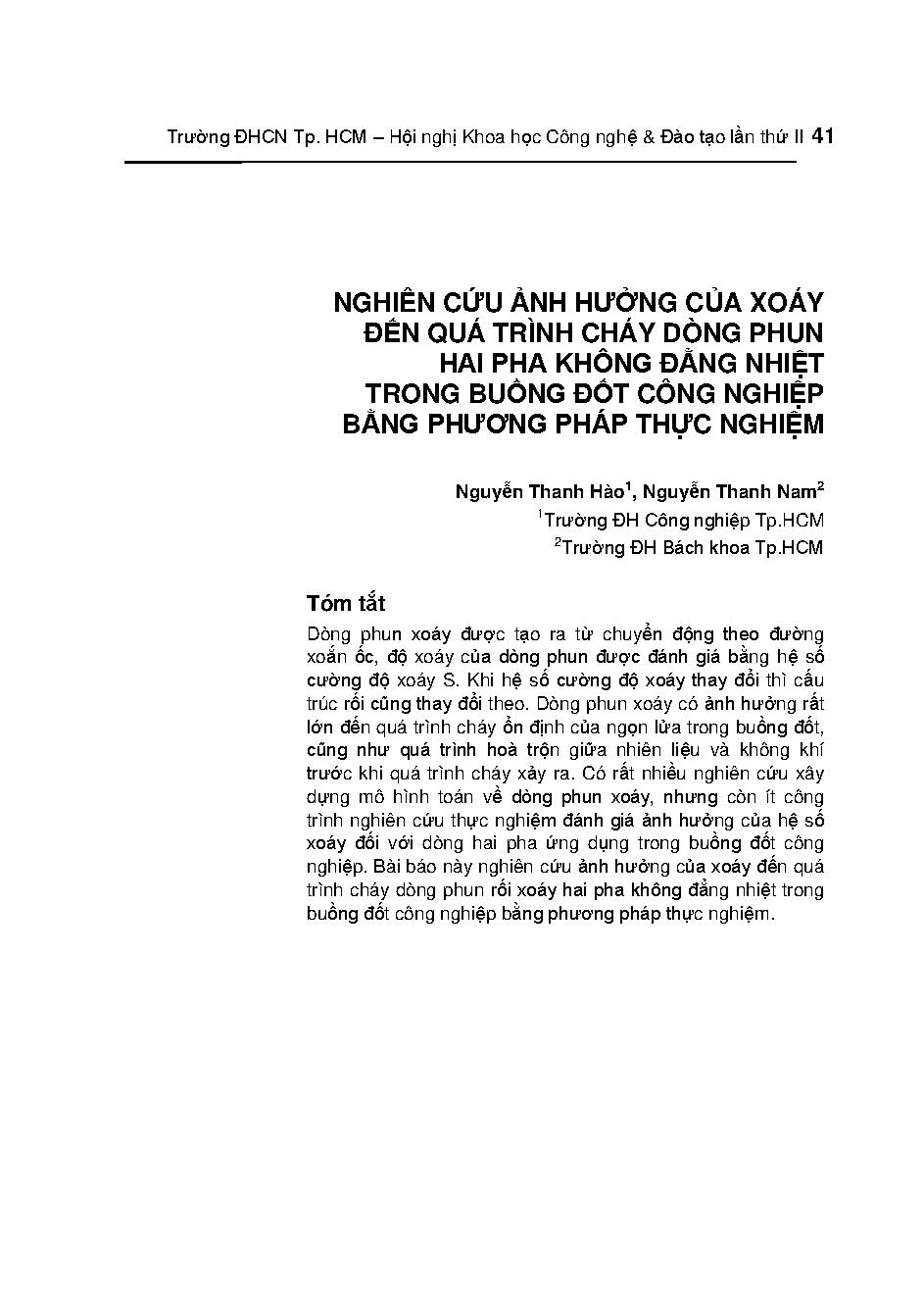 Nghiên cứu ảnh hưởng của xoáy đến quá trình cháy dòng phun hai pha không đẳng nhiệt trong đốt công nghiệp bằng phương pháp thực nghiệm