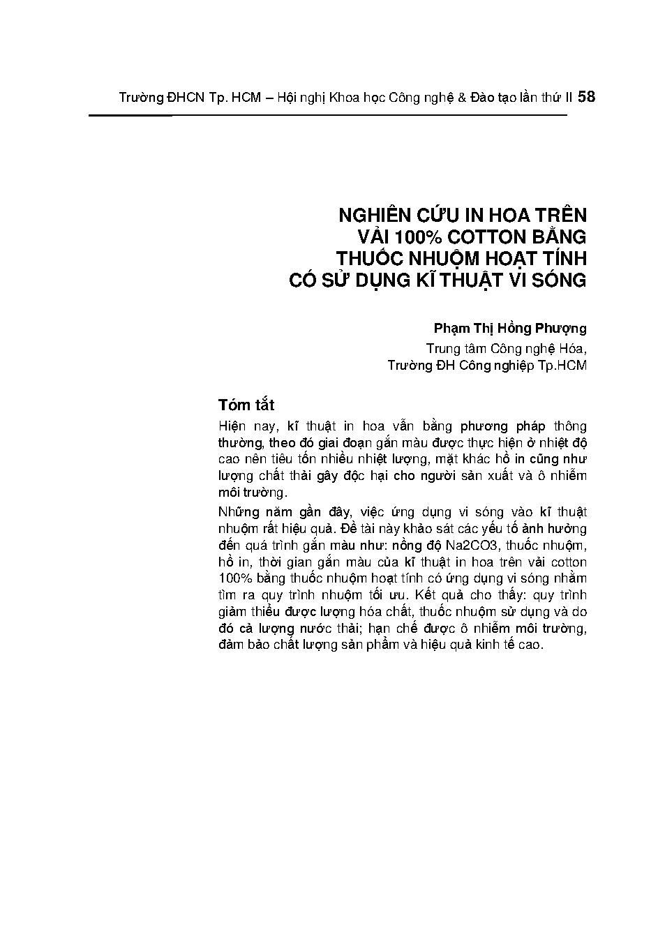 Nghiên cứu in hoa trên vải 100% cotton bằng thuốc nhuộm hoạt tính có sử dụng kĩ thuật vi sóng