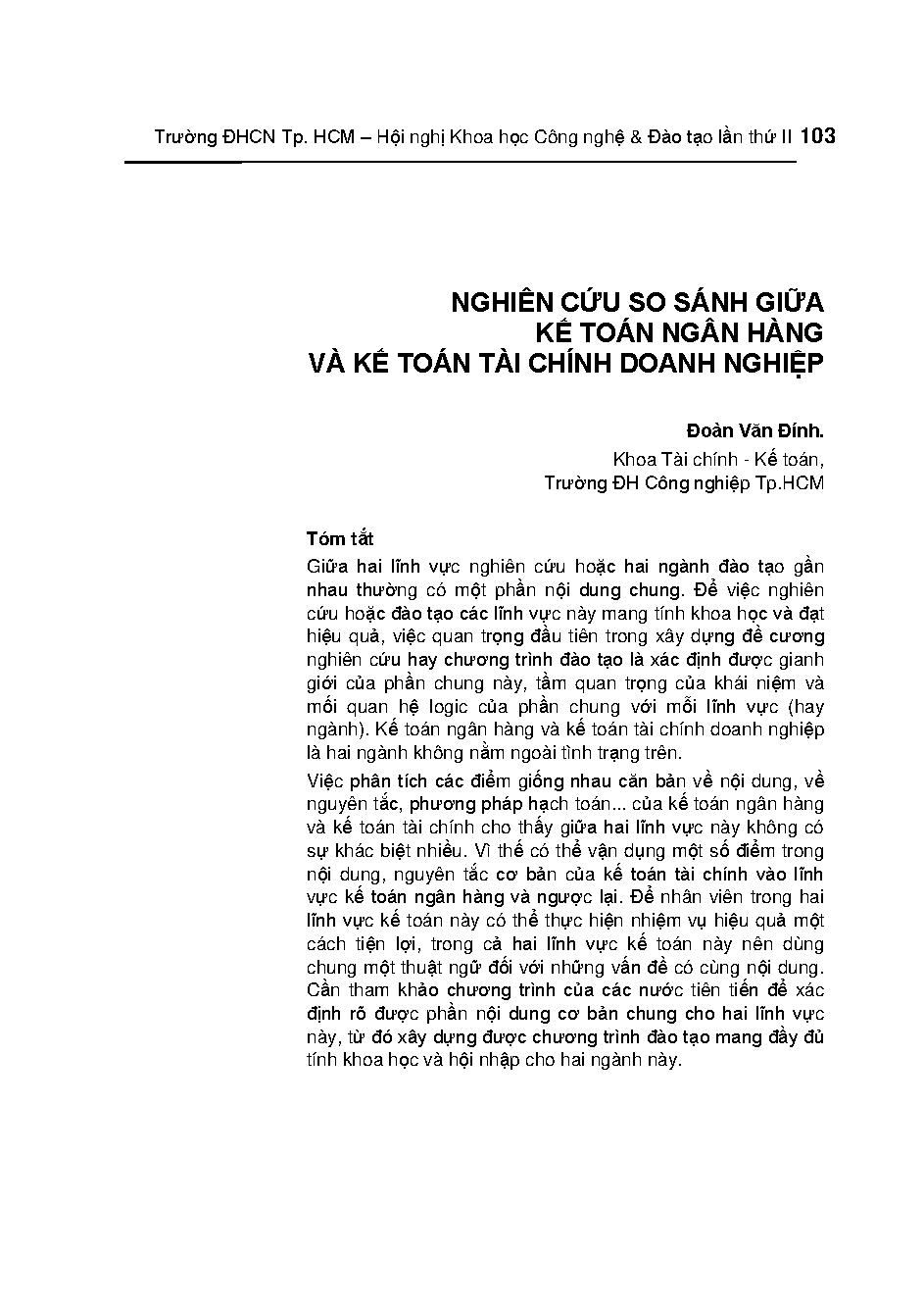 Nghiên cứu so sánh giữa kế toán ngân hàng và kế toán tài chính doanh nghiệp