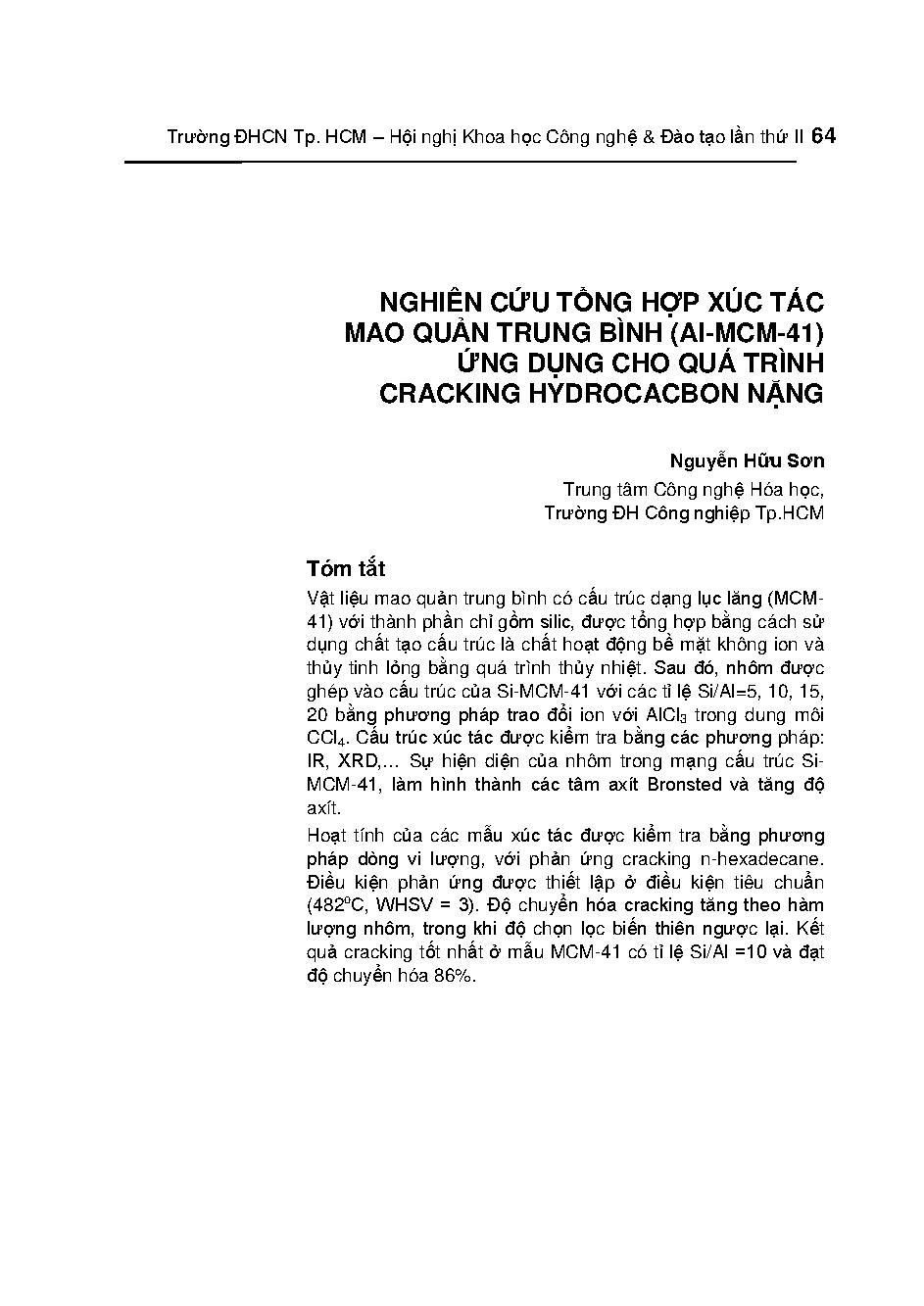 Nghiên cứu tổng hợp xúc tác mao quản trung bình (Al-MCM-41) ứng dụng cho quá trình cracking hydrocacbon nặng