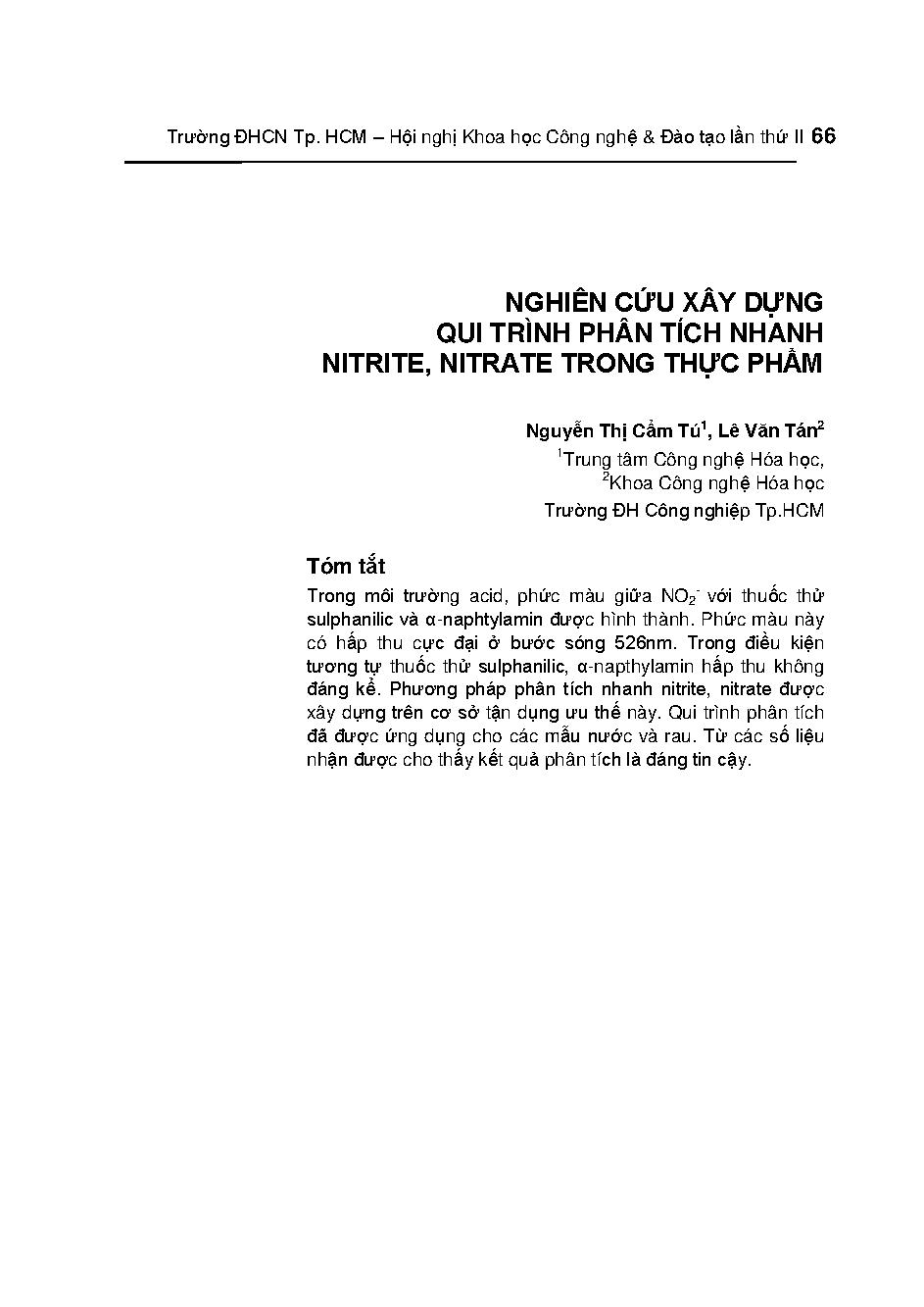 Nghiên cứu xây dựng qui trình phân tích nhanh nitrite, nitrate trong thực phẩm