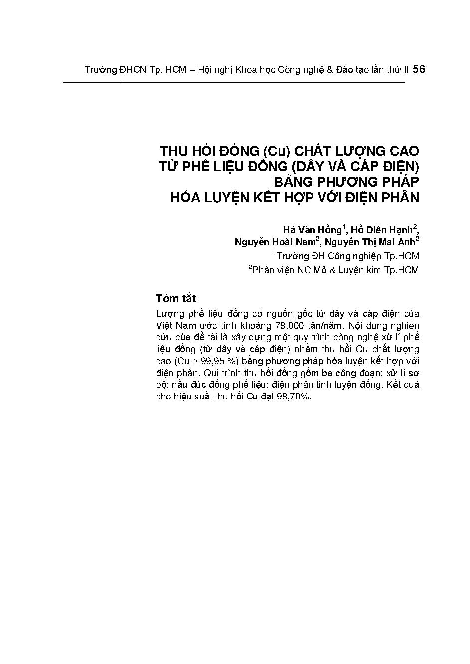 Thu hồi Đồng (Cu) chất lượng cao từ phế liệu đồng (dây và cáp điện) bằng phương pháp hỏa luyện kết hợp với điện phân