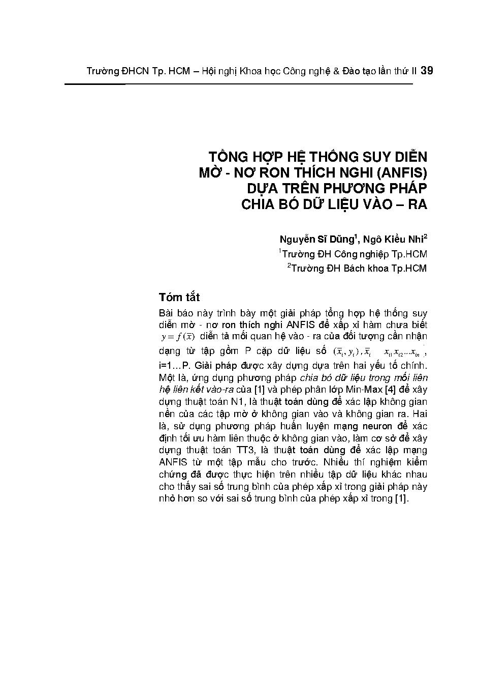 Tổng hợp hệ thống suy diễn mờ - Nơ ron thích nghi (ANFIS) dựa trên phương pháp chia bó dữ liệu vào - ra