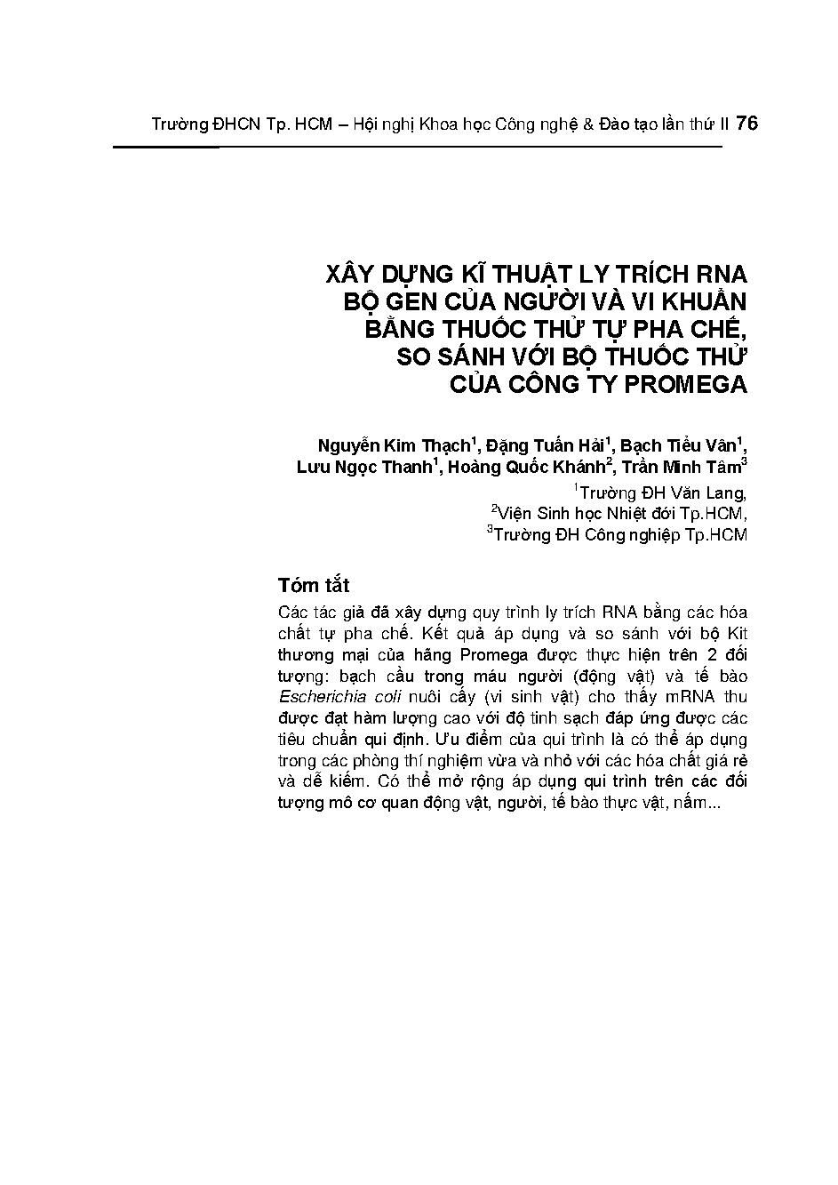 Xây dựng kĩ thuật ly trích RNA bộ gen của người và vi khuẩn bằng thuốc thử tự pha chế, so sánh với bộ thuốc thử của công ty promega