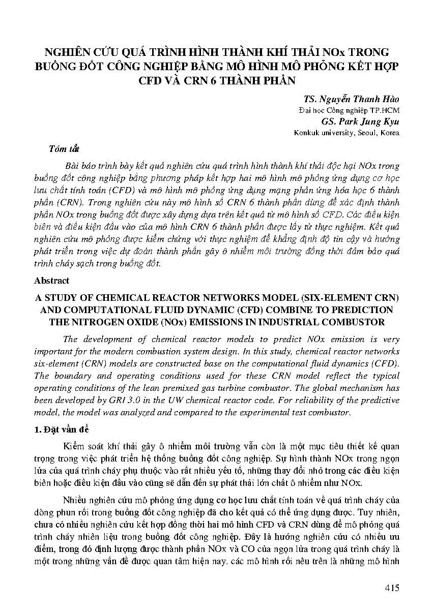 Nghiên cứu quá trình hình thành khí thải NOx trong buồng đốt công nghiệp bằng mô hình mô phỏng kết hợp CFD và CRN 6 thành phần