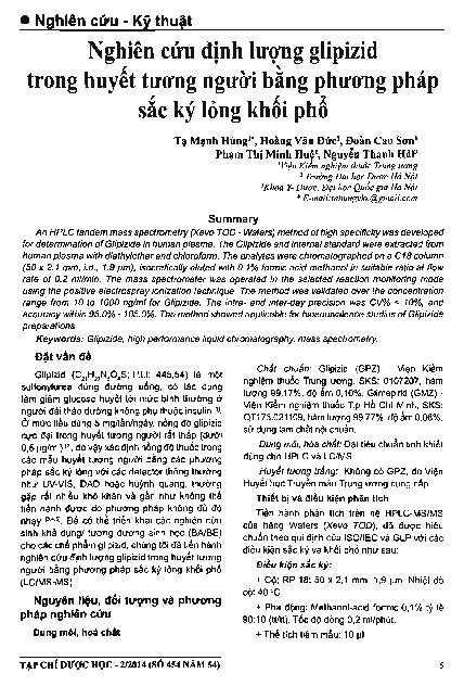 Nghiên cứu định lượng glipizid trong huyết tương người bằng phương pháp sắc ký lỏng khối phổ