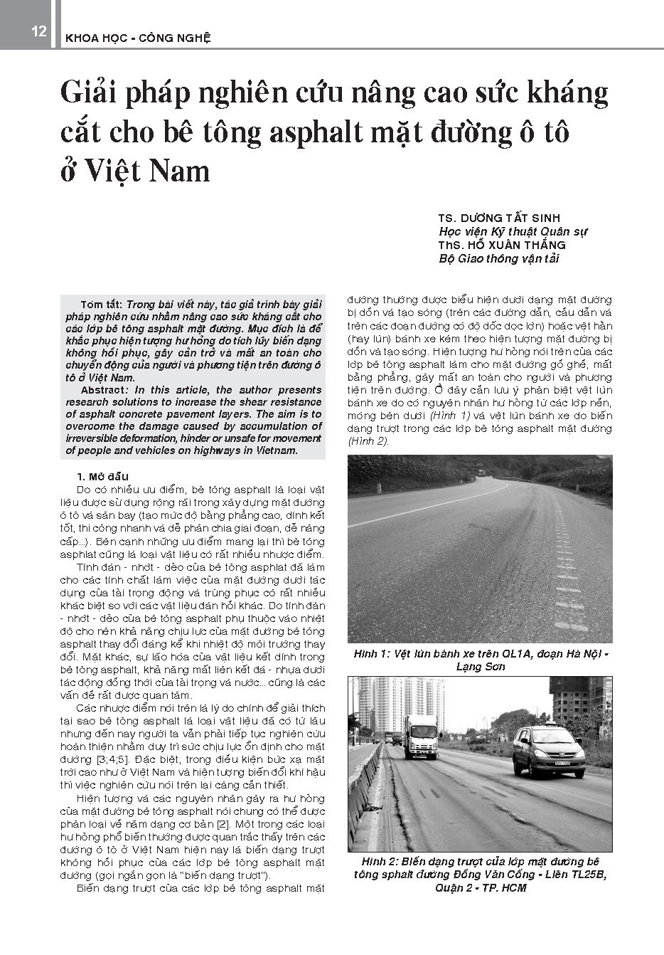 Giải pháp nghiên cứu nâng cao sức kháng cắt cho bê tông asphalt mặt đường ô tô ở Việt Nam