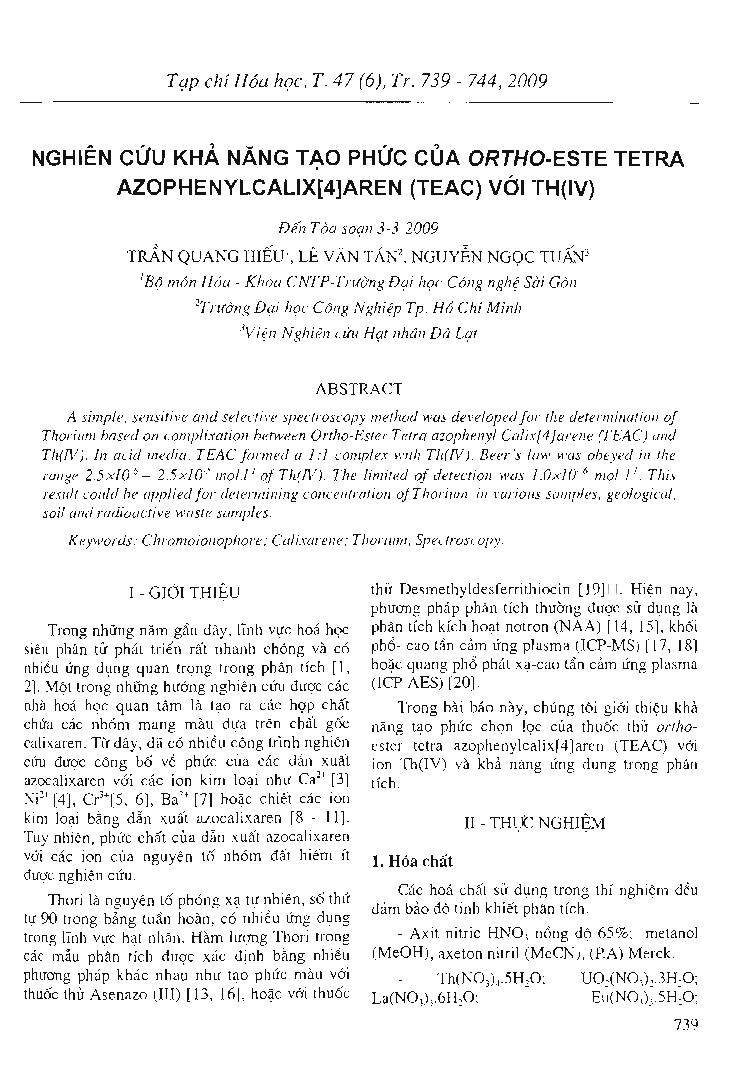 Nghiên cứu khả năng tạo phức của Ortho-Ester Tetra azophenyl Calix[4]arene (TEAC) với Th(lV)