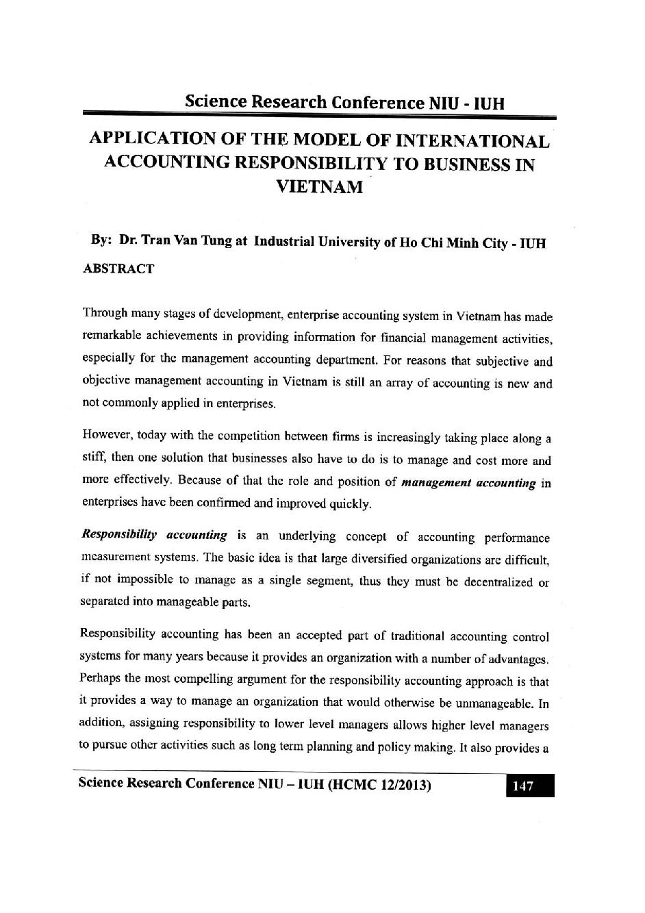 Application of the model of international accounting responsibility to business in Vietnam