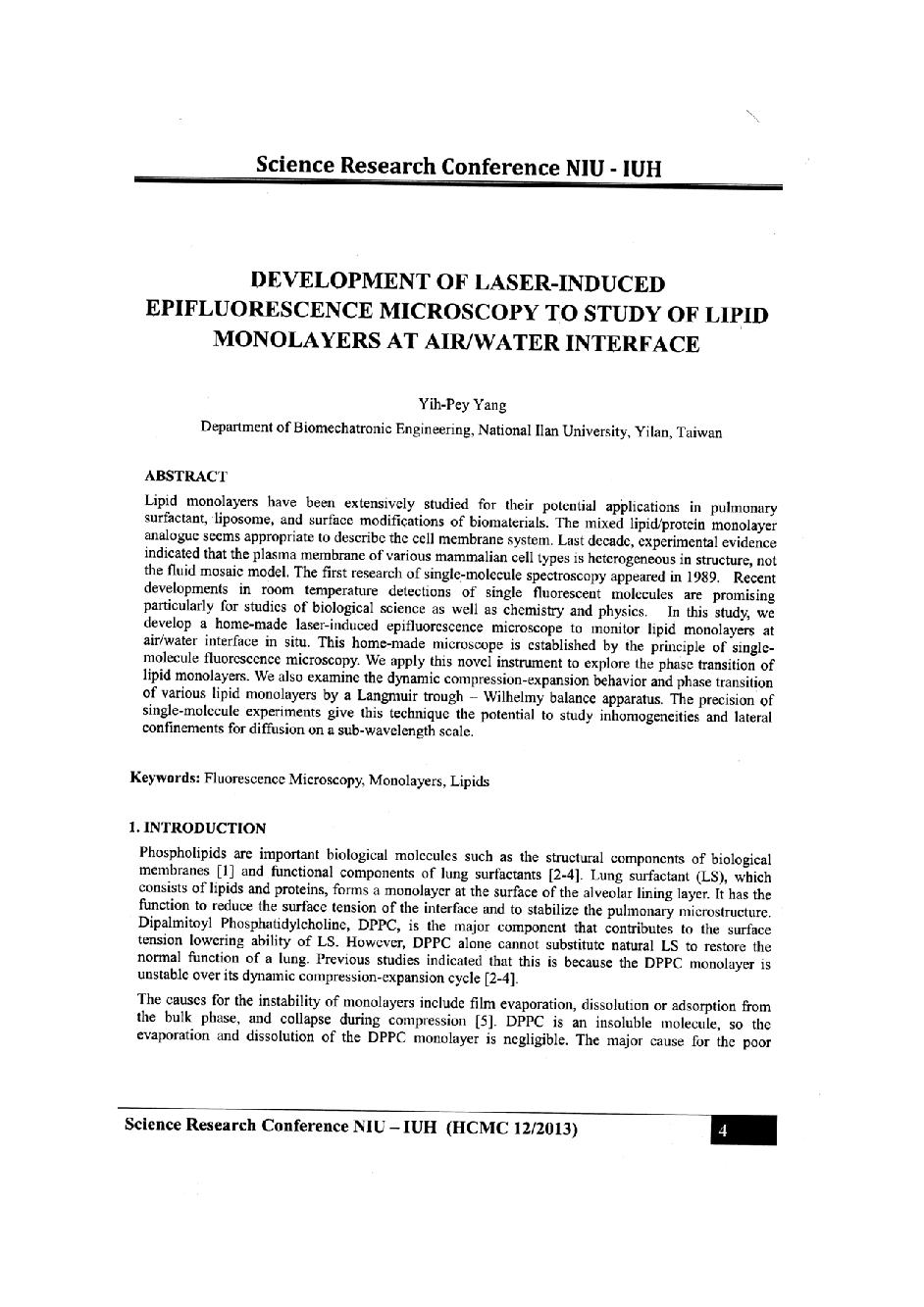 Development of laser-induced epifluorescence microscopy to study of lipid monolayers at air/water interface