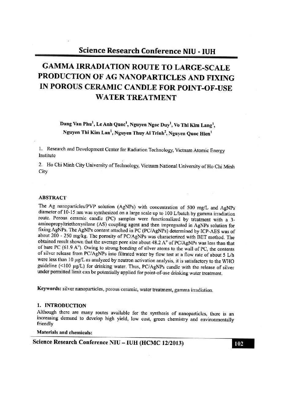 Gamma irrandition route to large-scale production of AG nanoparticles and fixing in porous ceramic candle for point-of-use water treatment