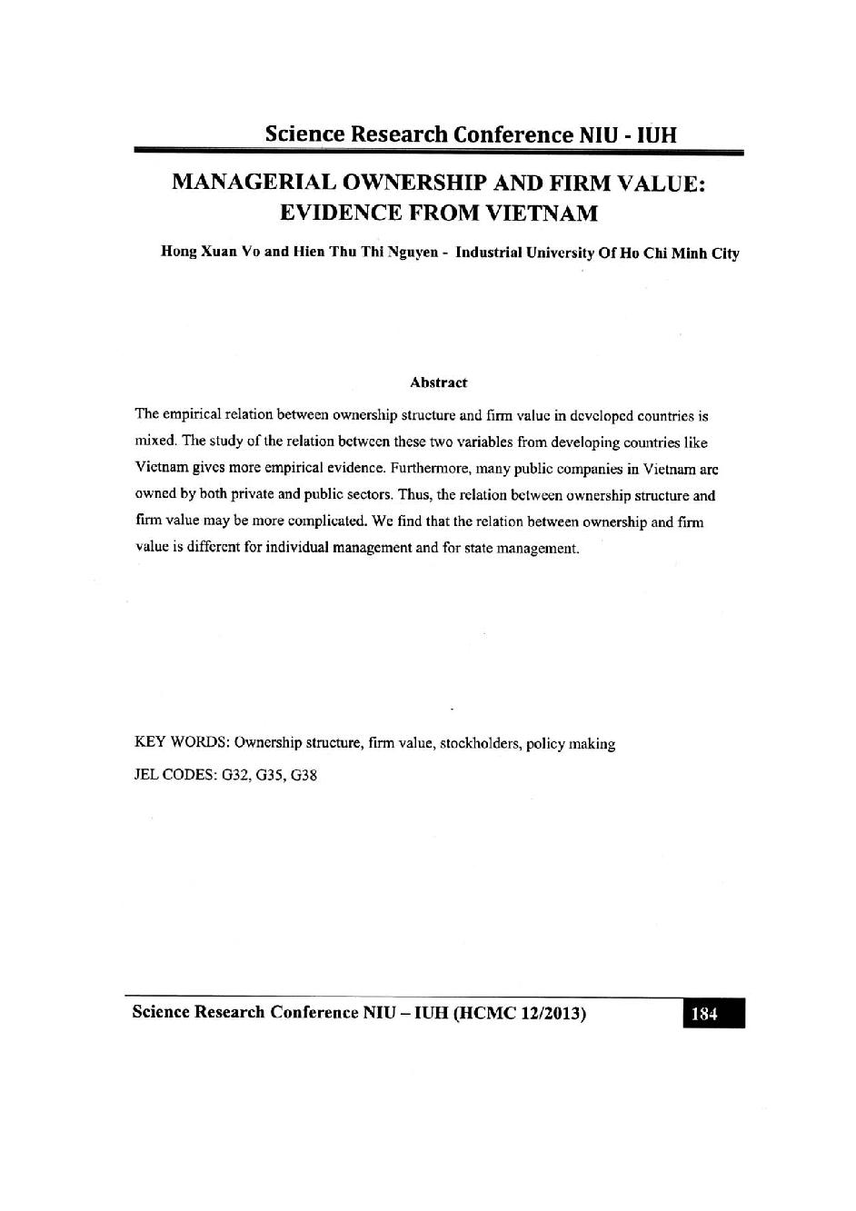 Managerial ownership and firm value :Evidence from Vietnam