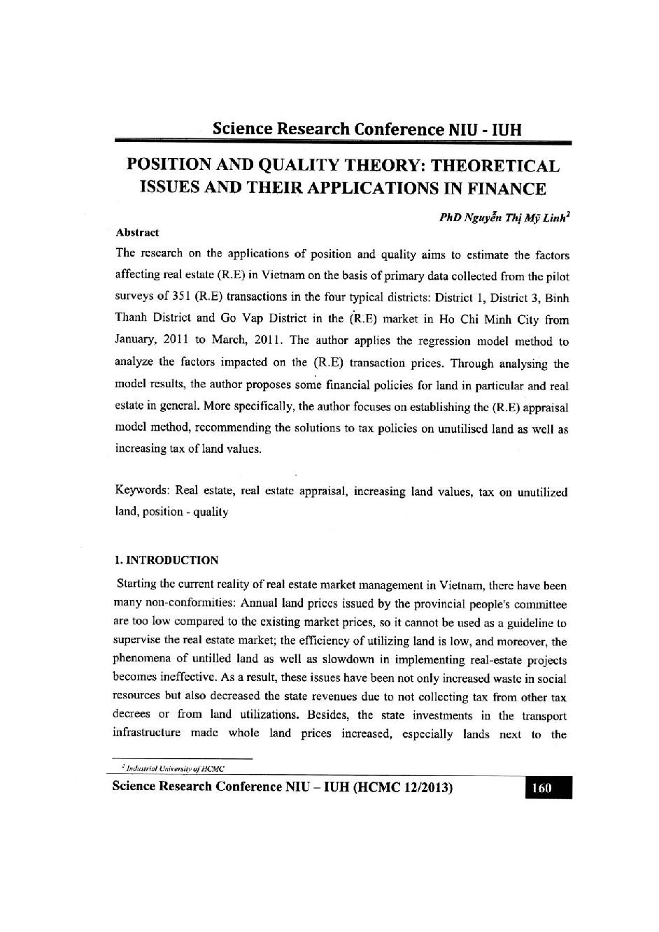 Position and quality theory :Theoretacal issues and their applications in finance