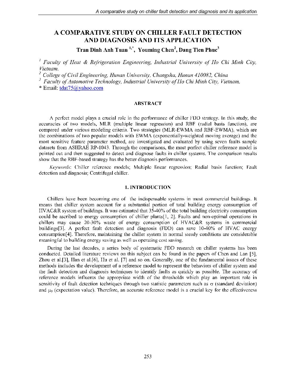 A comparative study on chiller fault detection and diagnosis and its application