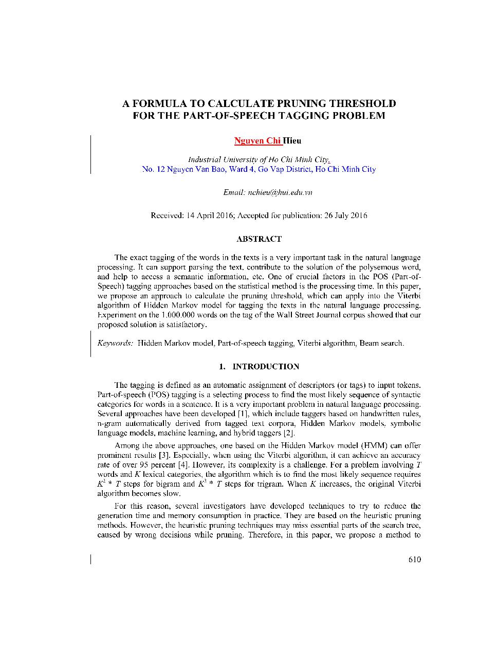 A formula to calculate pruning threshold for the part-of-speech tagging problem