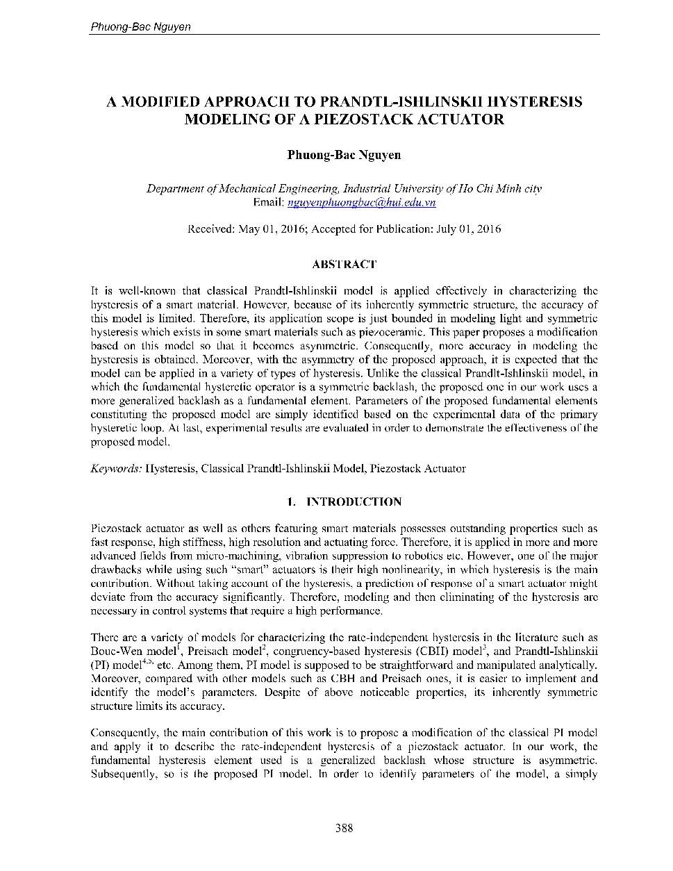 A modified approach to Prandtl-Ishlinskii hysteresis modelin of a piezostack actuator