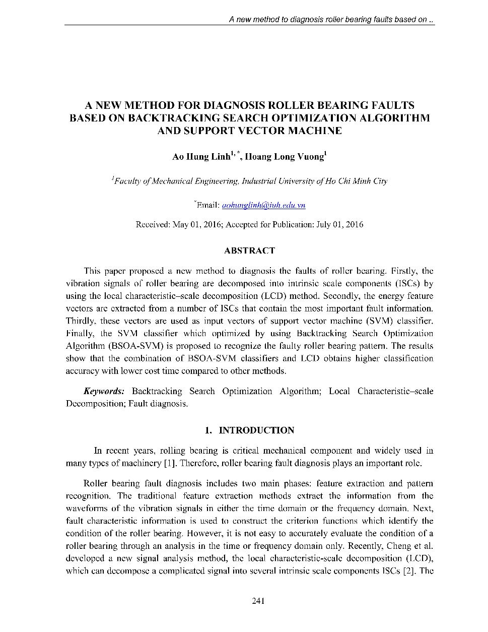 A new method for diagnosis roller bearing faults based on backtracking search optimization algorithm and support vector machine