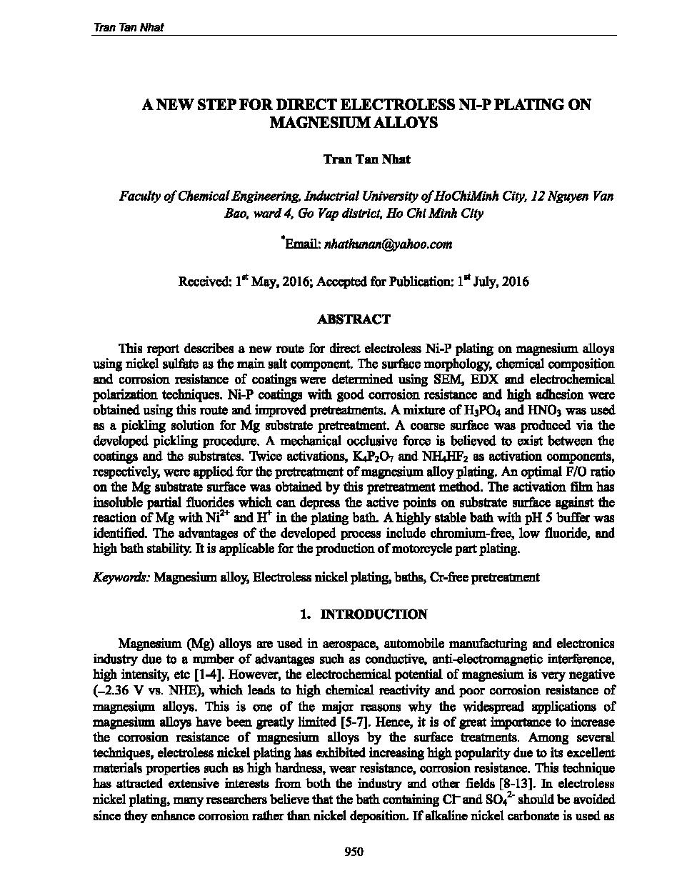 A new step for direct electroless Ni-P plating on magnesium alloys