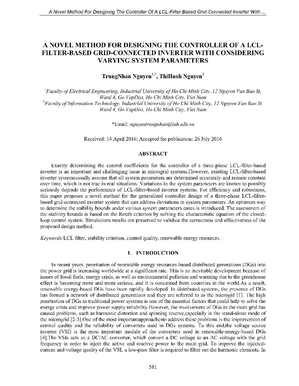 A novel method for sesigning the controller of a LCL-Filter-Based Grid-Connected inverter with considering varying system parameters