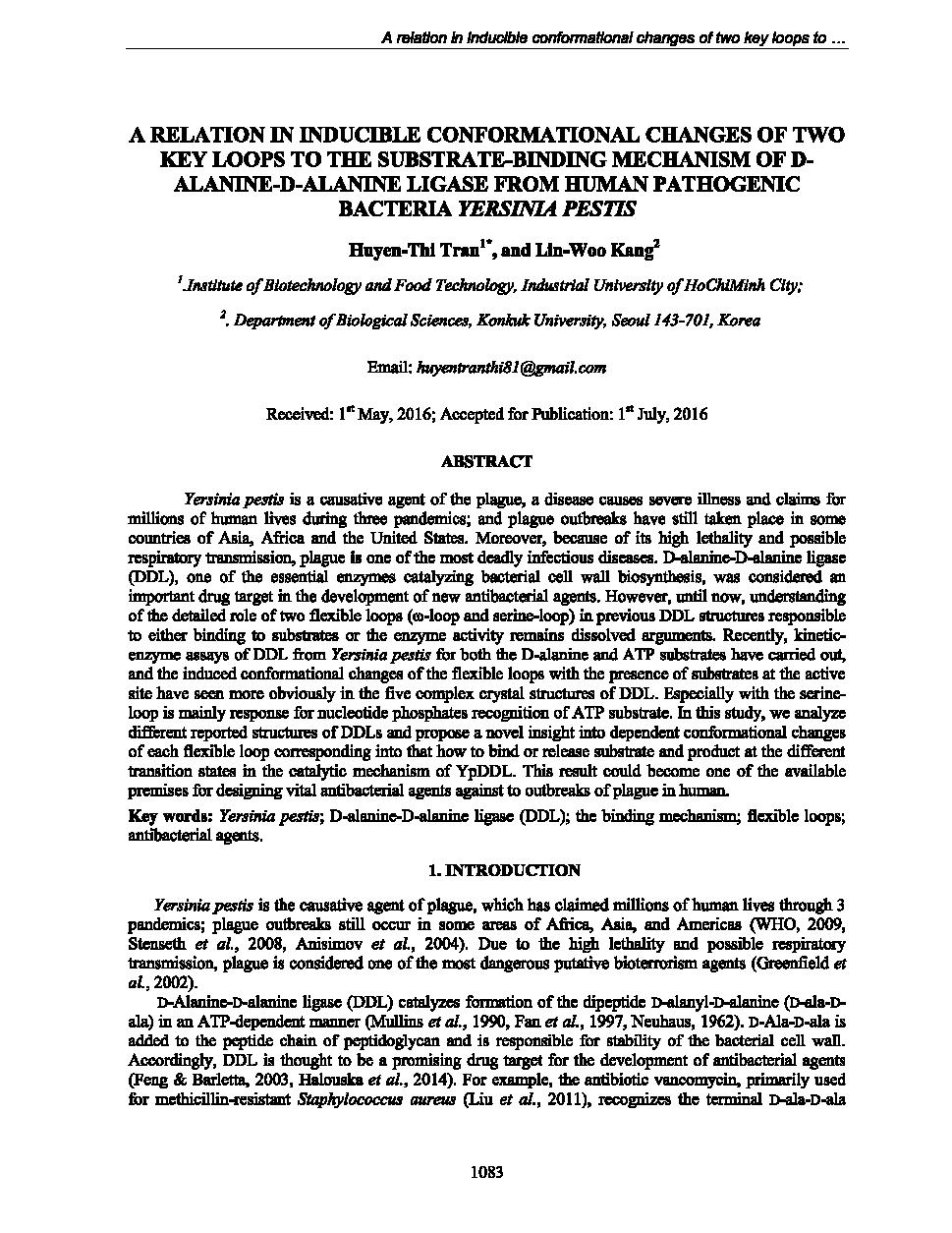 A relation in inducible conformational changes of two key loops to the substrate-binding mechanism of D-Alanine-D-Alanine ligase from human pathogenic bacteria Yernina Pestis