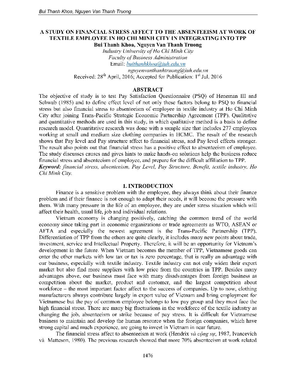 A study on financial stress affect to the absenteeisn at work of textile employee in Ho Chi Minh city in integrating into TPP