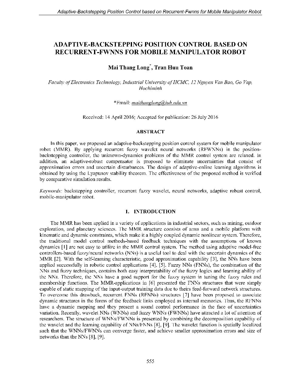 Adative-Backstepping position control based on recurrent-FWNNS for mobile manipulator robot