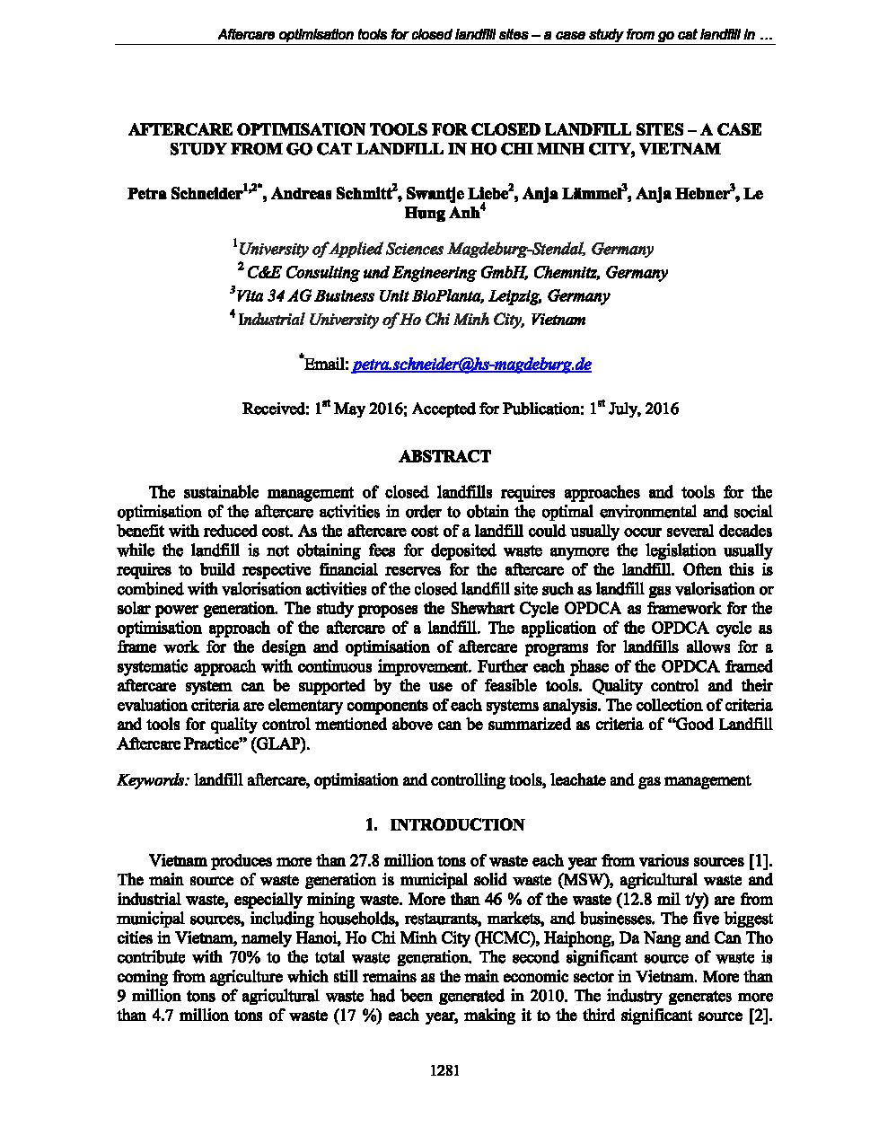 Aftercare optimisation tools for closed landfill sites - A case study from go cat landfill in Ho Chi Minh city, Vietnam