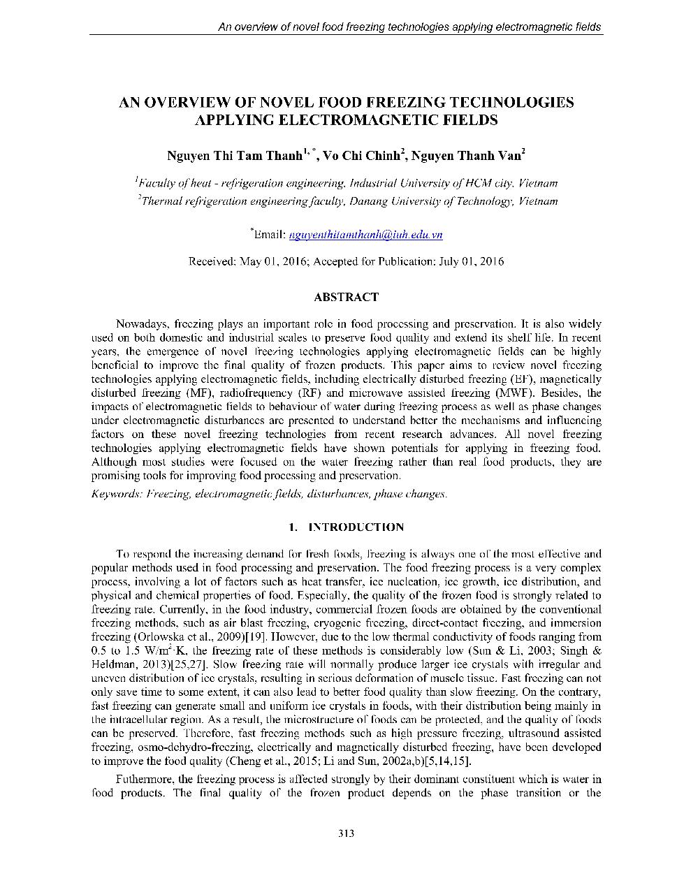 An overview of nonel food freezing technologies applying electromagnetic fields