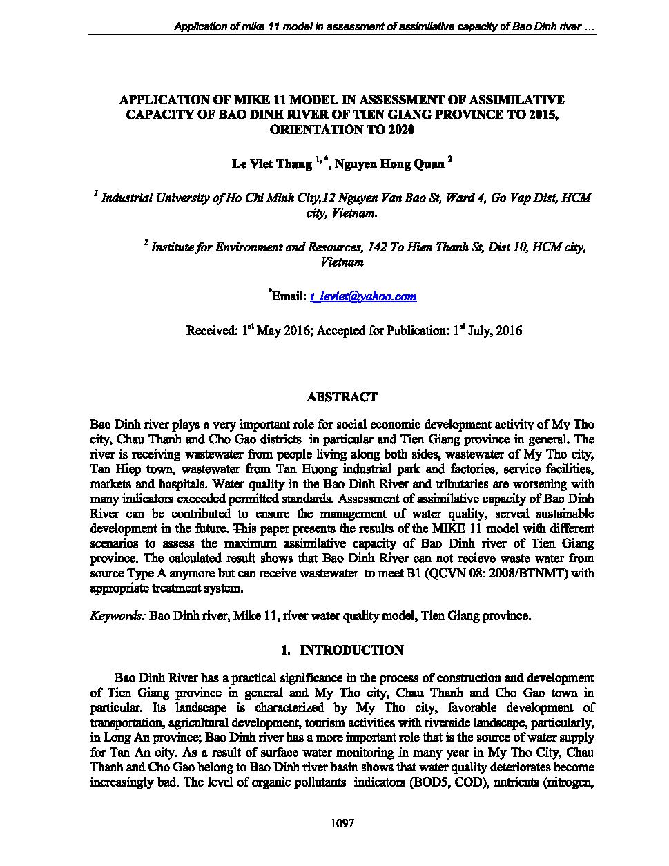 Application of mike 11 model in assessment of assimilative capacity of Bao Dinh river of Tien Giang province to 2015 orientation to 2020