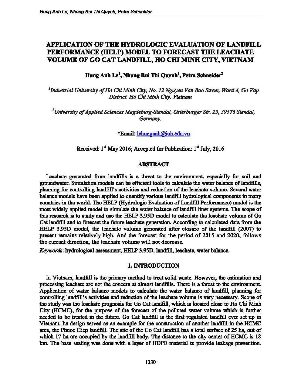 Application of the hydrologic evaluation of landfill performance (help) model to forecast the leachate volume of go cat landfill, Ho Chi Minh city, Viet Nam