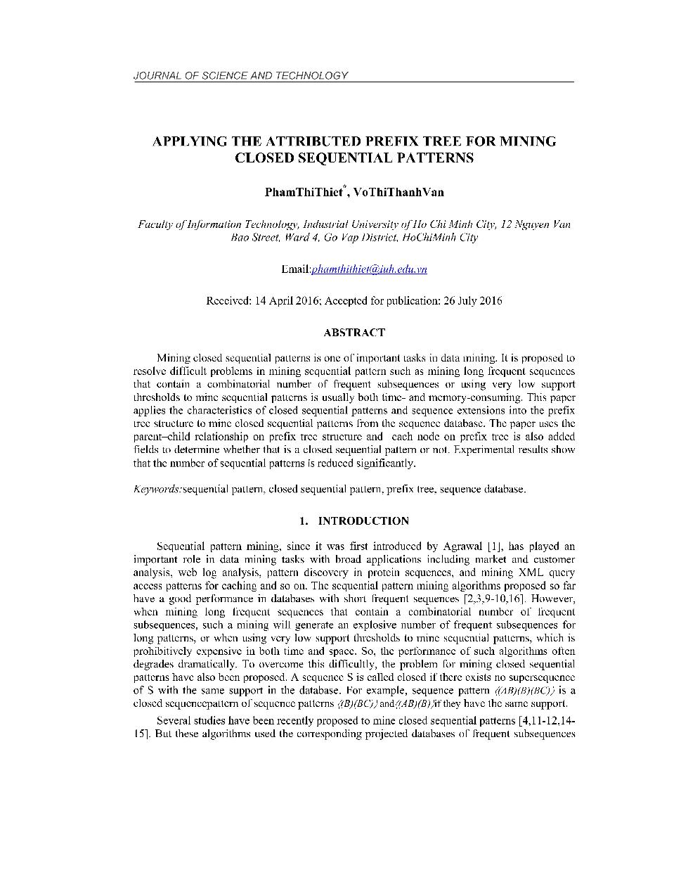 Applying the attributed prefix tree for mining closed sequential patterns