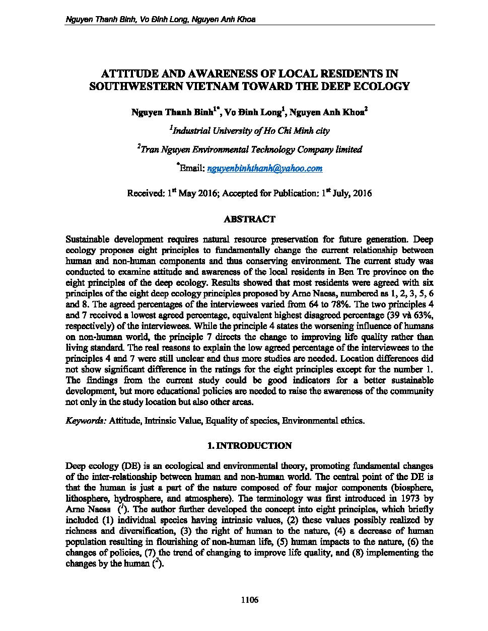 Attitude and awareness of local residents in southwestern Vietnam toward the deep ecology