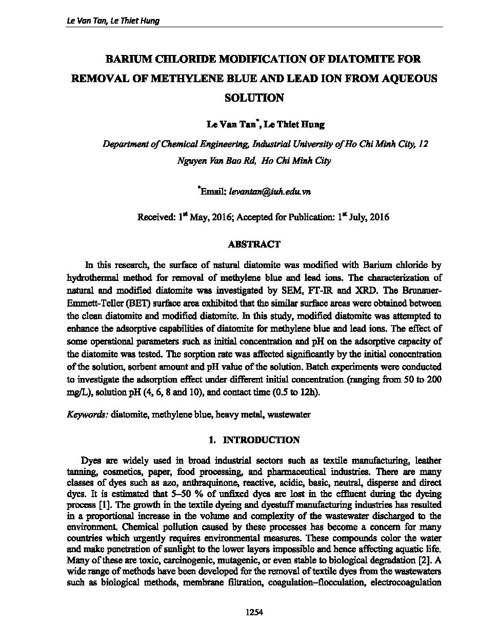 Barium chloride modification of diatomite for removal of methylene blue and lead ion from aqueous solution