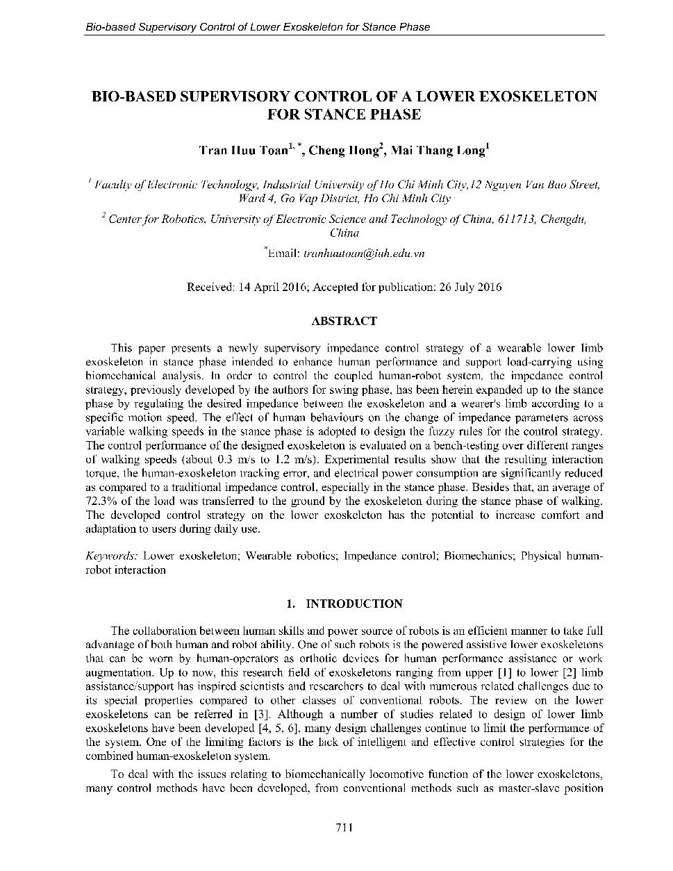 Bio-Based supervisorry control of a lower exoskeleton for stance phase